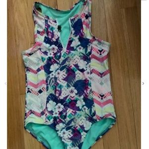 Girl One Piece Swim Suit Size 14  BROKEN Zipper Floral Blue Hawaiian